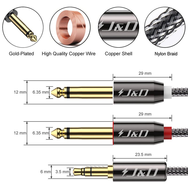 J&D 2-Pack 3.5mm 1/8 in TRS Male to Dual 6.35mm 1/4 in TS Male Mono Stereo Y-Cable Splitter for Amplifier/Mixer Speaker/Laptop, Nylon Braid, Gold Plated Copper Shell, 9 Feet - Image 3